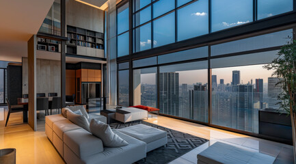 Contemporary high-rise penthouse condo with panoramic skyline at Sunset in the city