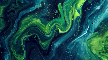 Vibrant Green Swirls on Abstract Art Navy Blue Paint Background with Liquid Fluid Grunge Texture