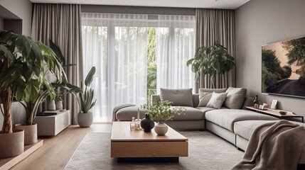 Nowoczesny przytulny salon z kanapą sofą zasłonami firanami i domowymi roślinami © VILKTERIO