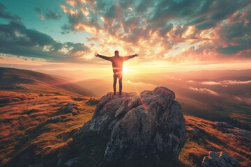 A man standing on top of a mountain. A conceptual photo composition of goals and achievements