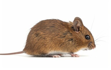 Side profile of a brown mouse against a white background, showing fine fur detail and whiskers.
