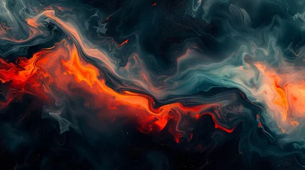 Fotobehang Dynamic sweeps of fiery vermilion and midnight teal blending seamlessly, creating a vibrant and energetic abstract display on a canvas painted in deep cosmic black.  © Tanveer Shah