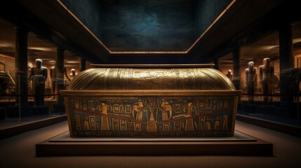 A pharaoh's sarcophagus in a tomb, a closed sarcophagus in a tomb.