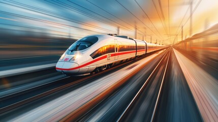 A high-speed train zooming through a scenic countryside, modern design, motion blur, representing speed and modern transportation. Resplendent.