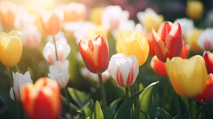 Foto op Plexiglas Spring tulip flowers in garden. Blooming tulips field. Spring flowers field tulip © Anthichada