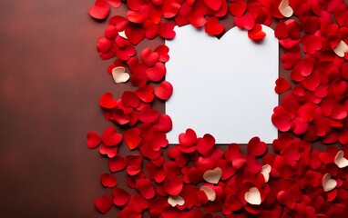 Red flower petals laid on table with pa