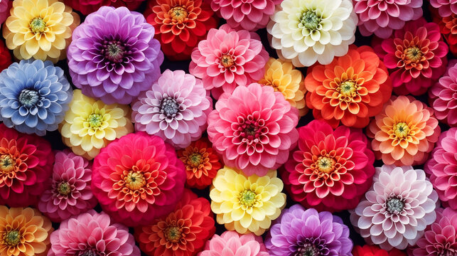Beautiful colorful zinnia and dahlia flowers in full bloom, close up. Natural summery texture for background