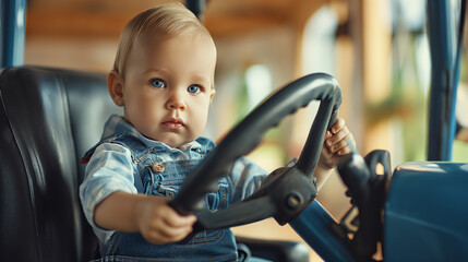 baby boy child Hand hold steering wheel in driving seat in car seat with a hard look