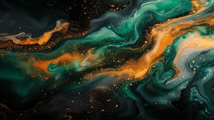 Dynamic sweeps of vibrant emerald and golden ochre in fluid motion, crafting an abstract dance captured in acrylic on a canvas of profound black. 