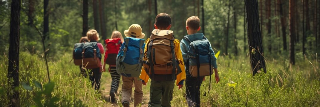 Children with backpacks walking through the forest, school camping trip in the forest - Powered by Adobe