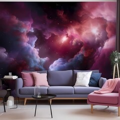 Modern Living Room with Cosmic Wall Mural and Elegant Furniture