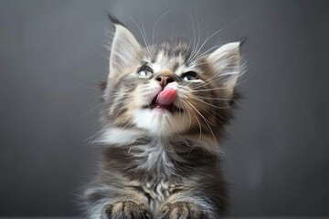 A fluffy malayan kitten with tabby fur and long whiskers sits indoors, licking its lips in anticipation of its next meal