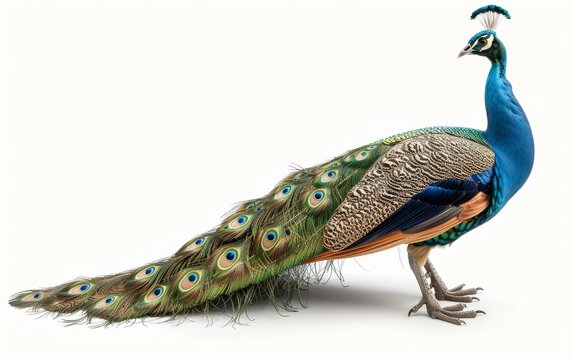 A peacock displaying its spectacular tail feathers in full splendor, isolated on white.