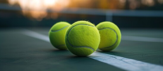 Three Tennis Balls Rule the Court: A Spectacular Display of Three Tennis Balls dominating the Court with their Precise Bounces and Energetic Rallies