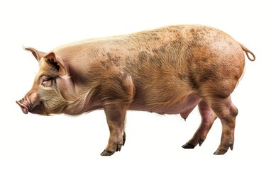 Side view of a full-grown domestic pig with a sandy brown coat, standing isolated on white.
