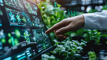 Scientist analyzing plant growth data on interactive digital screen.