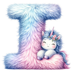 Watercolor Unicorn Alphabet Clipart: Letter I with Fluffy and Soft Texture for Kid's Decor. Magical Unicorn Perfect for Nursery and Educational Projects. Hand-Painted Unicorn for Creative Crafting.