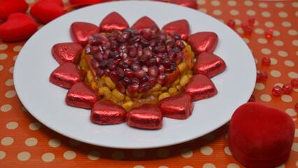 Valentine's Day is February 14th. Red hearts in all types.
Salad Pomegranate heart. Engagement.