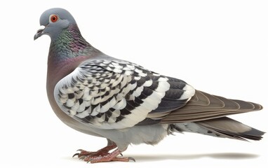 Naklejka premium Rock Pigeon in profile, showcasing its grey and white feathers and distinctive red eyes.