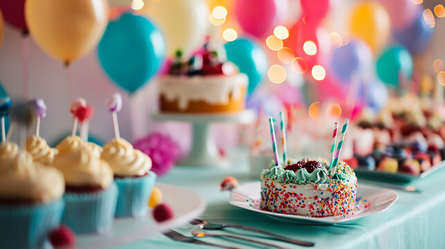 Birthday cake with candles on the background of colorful balloons and confetti
