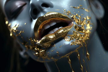 Golden lipstick on female lips. Metal gold lips. Lips with golden glitter effect. Woman mouth close up. Glamour luxury gold mouth. Gold concept. Metallic Lipstick closeup. - obrazy, fototapety, plakaty