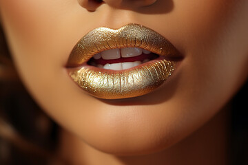 Golden lipstick on female lips. Metal gold lips. Lips with golden glitter effect. Woman mouth close up. Glamour luxury gold mouth. Gold concept. Metallic Lipstick closeup.