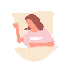 Sleeping woman in bedroom. Night sweet dreams, girl falls asleep cartoon vector illustration