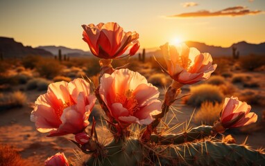 A desert landscape featuring a prominent cactus standing against a vibrant sunset backdrop.