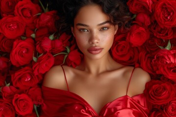 A mysterious mulatto beauty with an intense gaze and curly locks, captivatingly framed by a myriad of red roses, symbolizing celebration Valentine's Day
