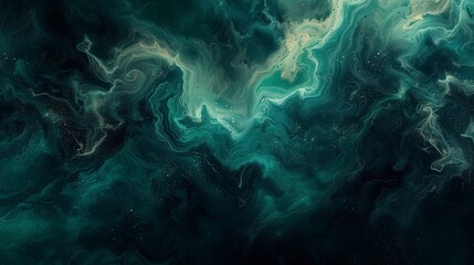 Enigmatic swirls of emerald green and midnight black converging in an intricate dance, creating a mysterious and sophisticated abstract artwork. 