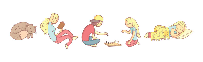 Man and Woman Character Relax Engaged in Different Activity Vector Set