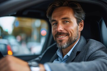 A contented man sporting a charming smile enjoys a scenic drive in his car, with the wind blowing...