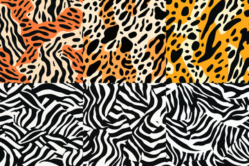 set of 6 seamless leopard zebra animal pattern  vector illustration isolated transparent background, cut out or cutout t-shirt design