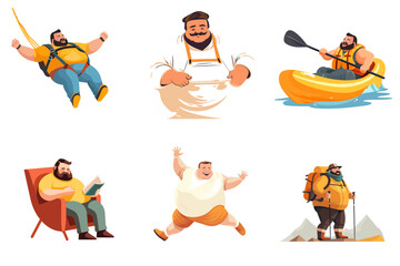 set of fat overweight plus size xxl obese men in doing different activities