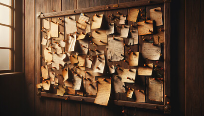 Vintage wooden bulletin board with hand-written notes and flyers in a cozy library. - obrazy, fototapety, plakaty