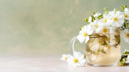 Hot chamomile tea in glass cups on the table. A healthy hot drink. Alternative medicine. A decoction of herbs.