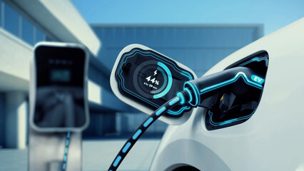 Electric car recharging from charging station display smart digital battery status hologram....