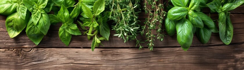 Aromatic display of organic herbs like basil, rosemary, and thyme, fresh from the garden, on a rustic wooden table, top view with copy space, Generative AI