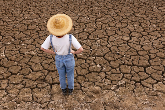 People in middle of dry field, weather problems, drought