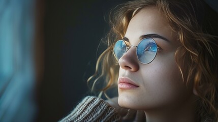 thoughtful woman in glasses looking up