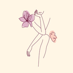 Hand Drawn One Line Art Woman Body with Flower and Butterfly Illustration Women's Day Concept