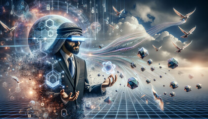 Surreal Information Security Analyst in Futuristic Landscape - obrazy, fototapety, plakaty