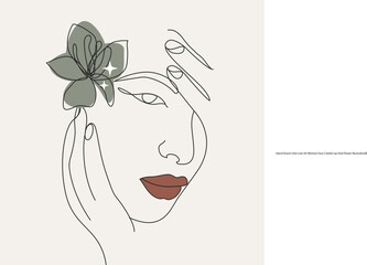 Hand Drawn One Line Art Woman Face Colorful Lips And Flower Illustration Women's Day Concept