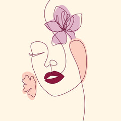 Hand Drawn One Line Art Woman Face And Flower Illustration Women's Day Concept