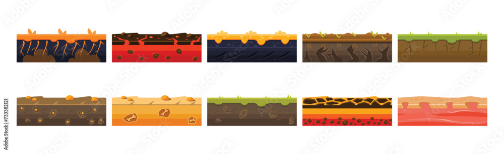 Poster game platforms with uneven terrain and environment vector set
