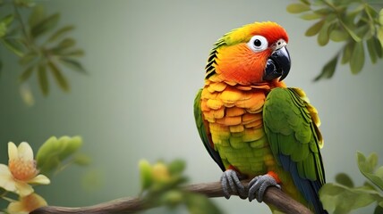Colorful parrot sitting on a branch in the rainforest.