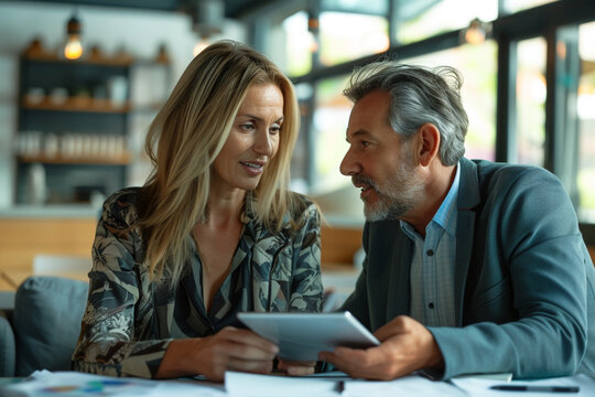 Energetic office dynamics: Middle-aged female executive engrossed in conversation with male colleague, collaborating on digital tablet, fostering a productive and cheerful work atmosphere.