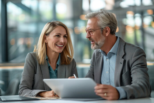 Energetic office dynamics: Middle-aged female executive engrossed in conversation with male colleague, collaborating on digital tablet, fostering a productive and cheerful work atmosphere.
