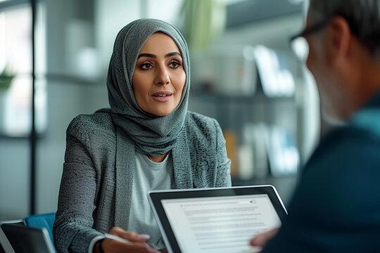 Energetic office dynamics: Middle-aged female executive engrossed in conversation with male colleague, collaborating on digital tablet, fostering a productive and cheerful work atmosphere.