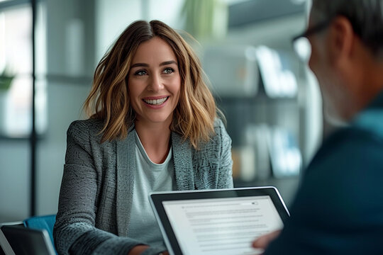 Energetic office dynamics: Middle-aged female executive engrossed in conversation with male colleague, collaborating on digital tablet, fostering a productive and cheerful work atmosphere.